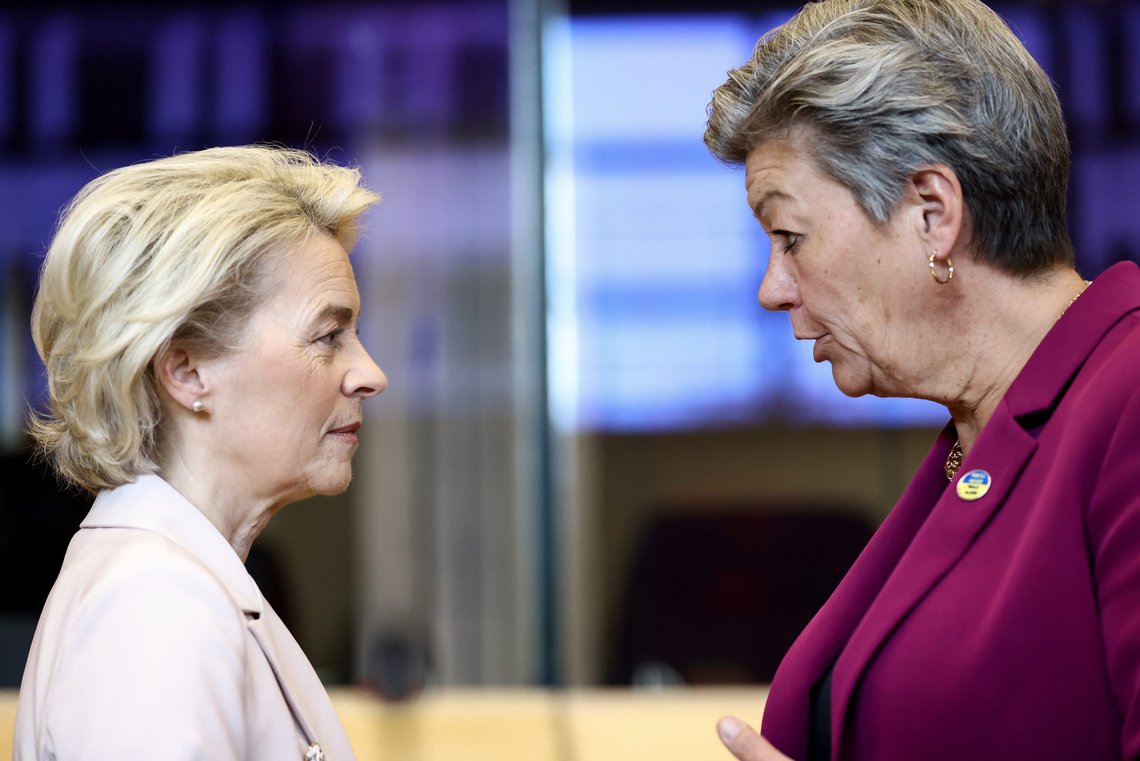 European Commission President Ursula von der Leyen, left, speaks with European Commissioner for Home Affairs Ylva Johansson during the weekly College of Commissioners meeting at EU headquarters in Brussels, Wednesday, April 27, 2022. (Kenzo Tribouillard, Pool Photo via AP) European Commission President Ursula von der Leyen, left, speaks with European Commissioner for Home Affairs Ylva Johansson during the weekly College of Commissioners meeting at EU headquarters in Brussels, Wednesday, April 27, 2022. (Kenzo Tribouillard, Pool Photo via AP)