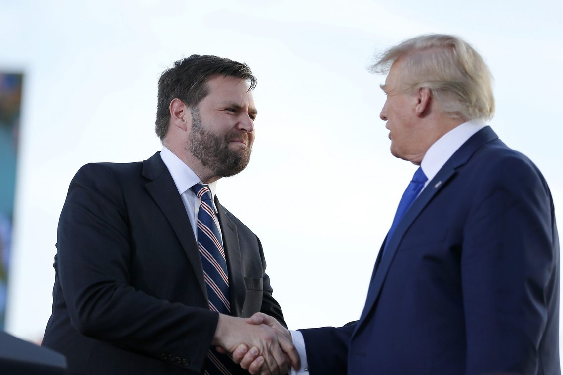FILE - Senate candidate JD Vance, left, greets former President Donald Trump at a rally at the Delaware County Fairgrounds, Saturday, April 23, 2022, in Delaware, Ohio, to endorse Republican candidates ahead of the Ohio primary on May 3. On Tuesday voters in Ohio choose between the Trump-backed JD Vance for an open U.S. Senate seat and several other contenders who spent months clamoring for the former president's support. (AP Photo/Joe Maiorana, File) FILE - Senate candidate JD Vance, left, greets former President Donald Trump at a rally at the Delaware County Fairgrounds, Saturday, April 23, 2022, in Delaware, Ohio, to endorse Republican candidates ahead of the Ohio primary on May 3. On Tuesday voters in Ohio choose between the Trump-backed JD Vance for an open U.S. Senate seat and several other contenders who spent months clamoring for the former president's support. (AP Photo/Joe Maiorana, File)