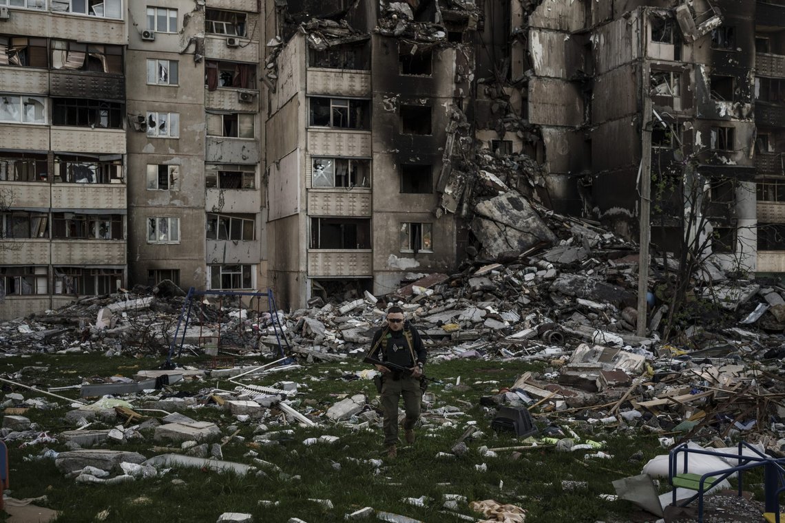 A Ukrainian serviceman walks amid the rubble of a building heavily damaged by multiple Russian bombardments near a frontline in Kharkiv, Ukraine, Monday, April 25, 2022. (AP Photo/Felipe Dana) A Ukrainian serviceman walks amid the rubble of a building heavily damaged by multiple Russian bombardments near a frontline in Kharkiv, Ukraine, Monday, April 25, 2022. (AP Photo/Felipe Dana)