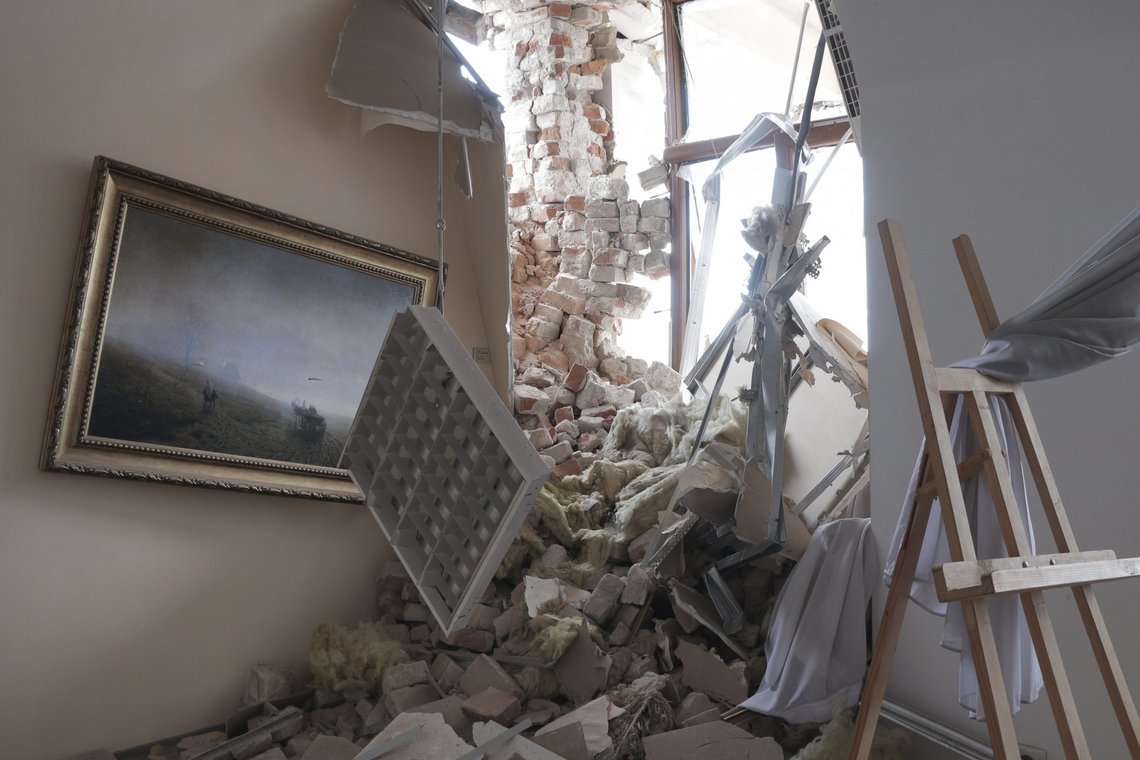 A view of a hall in the museum of Arkhip Kuindzhi, a Russian landscape artist, destroyed after shelling in an area controlled by Russian-backed separatist forces in Mariupol, eastern Ukraine, Thursday, April 28, 2022. (AP Photo) A view of a hall in the museum of Arkhip Kuindzhi, a Russian landscape artist, destroyed after shelling in an area controlled by Russian-backed separatist forces in Mariupol, eastern Ukraine, Thursday, April 28, 2022. (AP Photo)