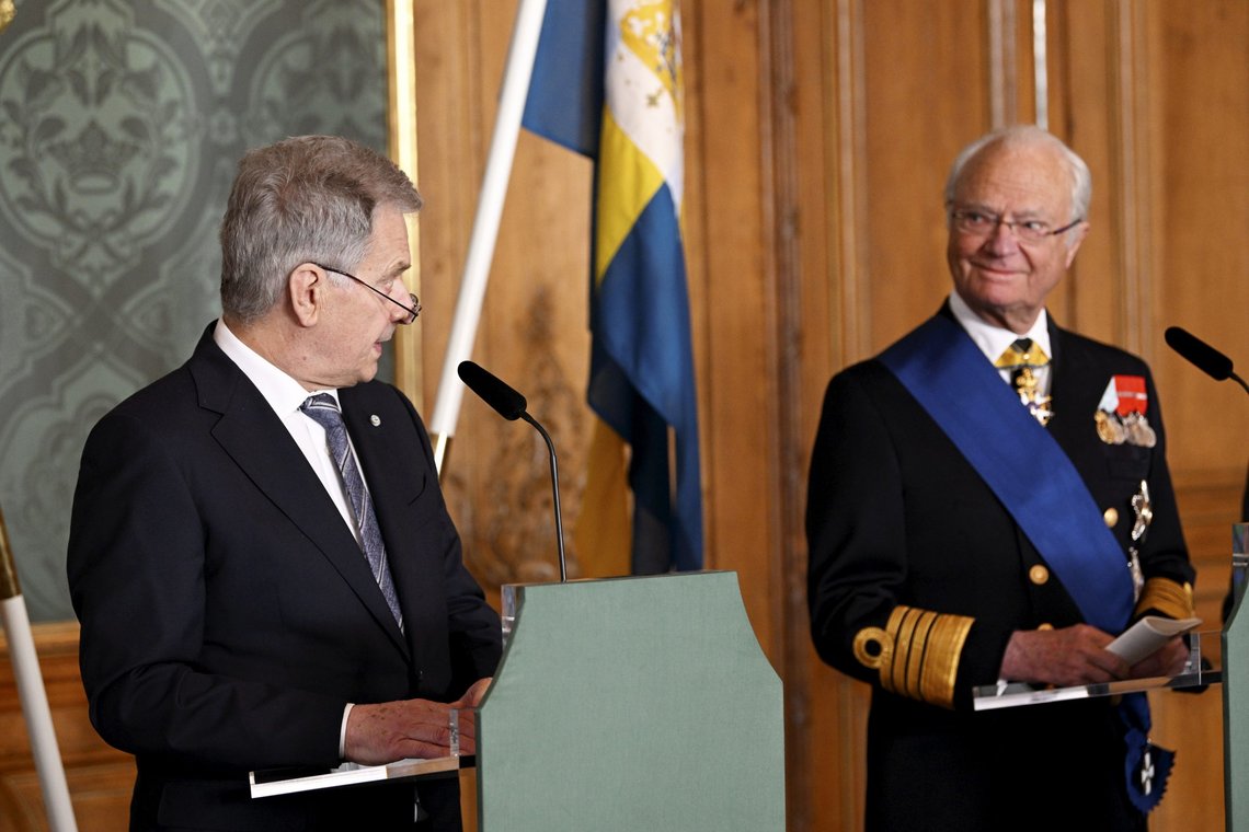 Finland's President Sauli Niinisto and Sweden's King Carl Gustaf deliver a statement at Royal Castle in Stockholm Tuesday 17 May. Finland's President Sauli Niinistö and his wife Jenni Haukio are paying a two day long State Visit to Sweden at the invitation of His Majesty The King Carl Gustaf. (Henrik Montgomery/TT News Agency via AP) Finland's President Sauli Niinisto and Sweden's King Carl Gustaf deliver a statement at Royal Castle in Stockholm Tuesday 17 May. Finland's President Sauli Niinistö and his wife Jenni Haukio are paying a two day long State Visit to Sweden at the invitation of His Majesty The King Carl Gustaf. (Henrik Montgomery/TT News Agency via AP)