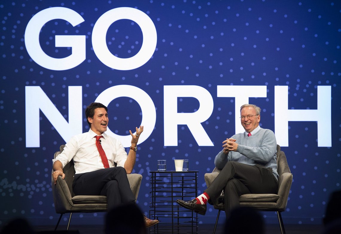 Canada's Prime Minister Justin Trudeau, left, laughs with Alphabet Executive Chairman Eric Schmidt at the Google Go North conference at the Evergreen Brickworks in Toronto, Thursday Nov. 2, 2017. (Frank Gunn/The Canadian Press via AP) Canada's Prime Minister Justin Trudeau, left, laughs with Alphabet Executive Chairman Eric Schmidt at the Google Go North conference at the Evergreen Brickworks in Toronto, Thursday Nov. 2, 2017. (Frank Gunn/The Canadian Press via AP)