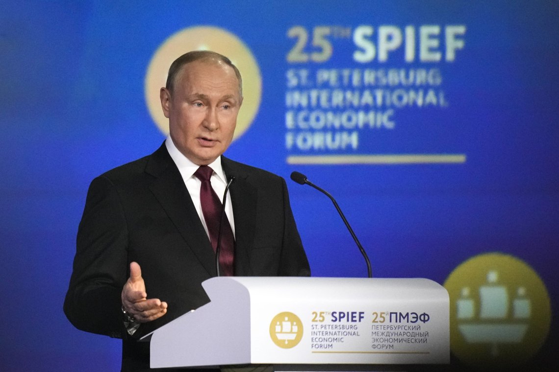 Russian President Vladimir Putin gestures as he addresses a plenary session of the St. Petersburg International Economic Forum in St. Petersburg, Russia, Friday, June 17, 2022. Putin began his address to the St. Petersburg International Economic Forum with a lengthy denunciation of countries that he contends want to weaken Russia, including the United States who, he said, "declared victory in the Cold war and later came to think of themselves as God's own messengers on planet Earth." (AP Photo/Dmitri Lovetsky) Russian President Vladimir Putin gestures as he addresses a plenary session of the St. Petersburg International Economic Forum in St. Petersburg, Russia, Friday, June 17, 2022. Putin began his address to the St. Petersburg International Economic Forum with a lengthy denunciation of countries that he contends want to weaken Russia, including the United States who, he said, "declared victory in the Cold war and later came to think of themselves as God's own messengers on planet Earth." (AP Photo/Dmitri Lovetsky)