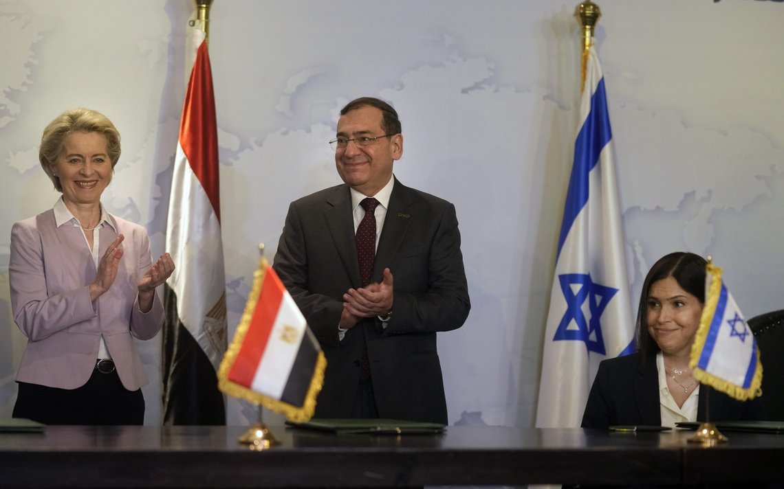 EU Commission President Ursula von der Leyen, left, Egyptian Minister of Petroleum Tarek El-Molla, center, and and Israeli Minister of Energy Israel's Energy Minister Karine Elharrar, celebrate after signing a deal to boost East Mediterranean gas exports to Europe. (AP Photo/Amr Nabil) EU Commission President Ursula von der Leyen, left, Egyptian Minister of Petroleum Tarek El-Molla, center, and and Israeli Minister of Energy Israel's Energy Minister Karine Elharrar, celebrate after signing a deal to boost East Mediterranean gas exports to Europe. (AP Photo/Amr Nabil)