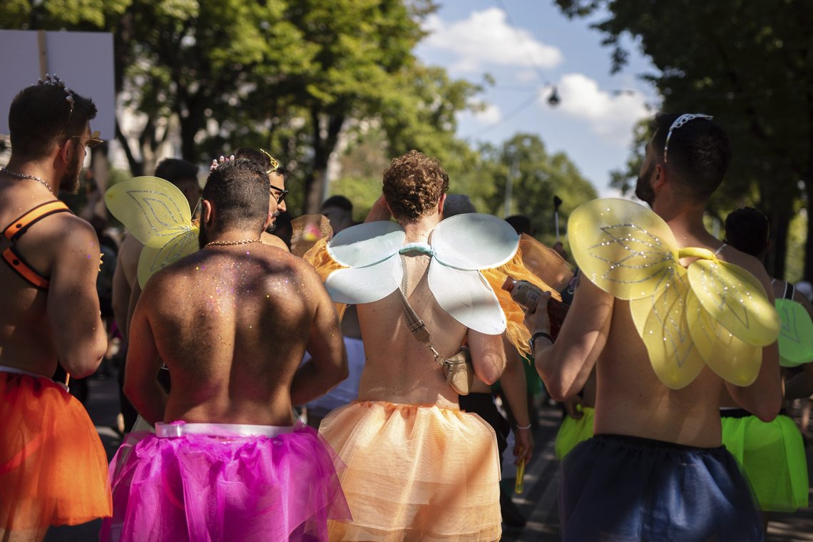 Participants gather during the annual Gay Pride Rainbow Parade, in Vienna, Austria, Saturday, June 11, 2022. (AP Photo/Theresa Wey) Participants gather during the annual Gay Pride Rainbow Parade, in Vienna, Austria, Saturday, June 11, 2022. (AP Photo/Theresa Wey)