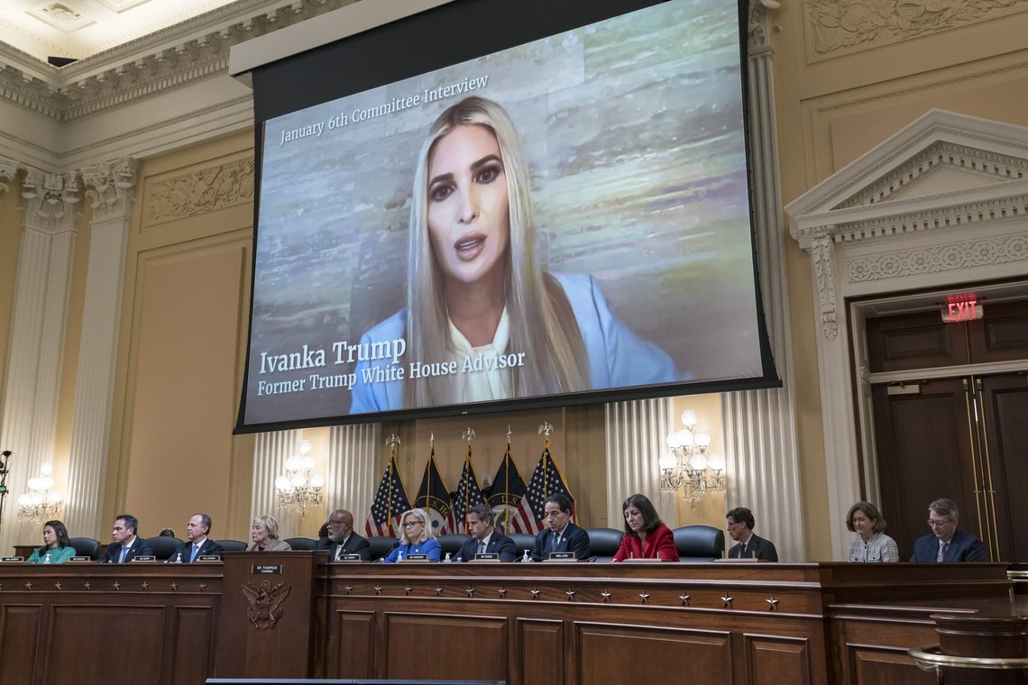 A video clip is displayed of Ivanka Trump, the daughter of former President Donald Trump, giving testimony that she accepted the view of former Attorney General Bill Barr that there was no election fraud in her father's defeat, as the House select committee investigating the Jan. 6 attack on the U.S. Capitol holds a hearing to reveal the findings of a year-long investigation, at the Capitol in Washington, Thursday, June 9, 2022. Members of the panel are, from left, Rep. Stephanie Murphy, D-Fla., Rep. Pete Aguilar, D-Calif., Rep. Adam Schiff, D-Calif., Rep. Zoe Lofgren, D-Calif., Chairman Bennie Thompson, D-Miss., Vice Chair Liz Cheney, R-Wyo., Rep. Adam Kinzinger, R-Ill., Rep. Jamie Raskin, D-Md., and Rep. Elaine Luria, D-Va. (AP Photo/J. Scott Applewhite) A video clip is displayed of Ivanka Trump, the daughter of former President Donald Trump, giving testimony that she accepted the view of former Attorney General Bill Barr that there was no election fraud in her father's defeat, as the House select committee investigating the Jan. 6 attack on the U.S. Capitol holds a hearing to reveal the findings of a year-long investigation, at the Capitol in Washington, Thursday, June 9, 2022. Members of the panel are, from left, Rep. Stephanie Murphy, D-Fla., Rep. Pete Aguilar, D-Calif., Rep. Adam Schiff, D-Calif., Rep. Zoe Lofgren, D-Calif., Chairman Bennie Thompson, D-Miss., Vice Chair Liz Cheney, R-Wyo., Rep. Adam Kinzinger, R-Ill., Rep. Jamie Raskin, D-Md., and Rep. Elaine Luria, D-Va. (AP Photo/J. Scott Applewhite)