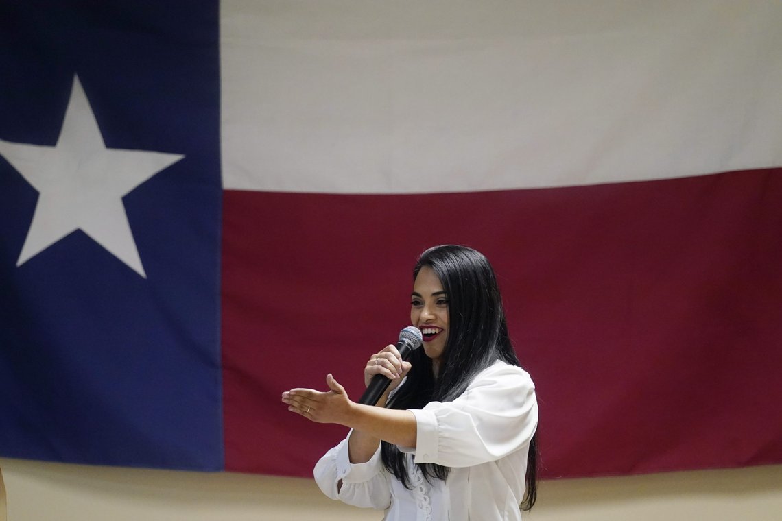 In this Wednesday, Sept. 22, 2021, photo Republican congressional candidate Mayra Flores speaks at a Cameron County Conservatives event in Brownsville, Texas. Flores argues that Democrats are forcing Texans choose between their energy sector jobs and curbing climate change. (AP Photo/Eric Gay) In this Wednesday, Sept. 22, 2021, photo Republican congressional candidate Mayra Flores speaks at a Cameron County Conservatives event in Brownsville, Texas. Flores argues that Democrats are forcing Texans choose between their energy sector jobs and curbing climate change. (AP Photo/Eric Gay)