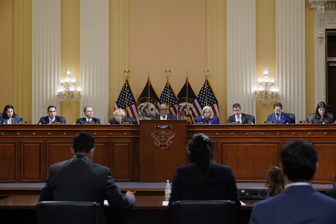 FILE - The House select committee tasked with investigating the January 6th attack on the Capitol meets to hold one of former President Donald Trump's allies in contempt, former strategist Steve Bannon, on Capitol Hill in Washington, Oct. 19, 2021. From left to right, Rep. Stephanie Murphy, D-Fla., Rep. Pete Aguilar, D-Calif., Rep. Adam Schiff, D-Calif., Rep. Zoe Lofgren, D-Calif., Chairman Bennie Thompson, D-Miss., Vice Chair Liz Cheney, R-Wyo., Rep. Adam Kinzinger, R-Ill., Rep. Jamie Raskin, D-Md., and Rep. Elaine Luria, D-Va. (AP Photo/J. Scott Applewhite, File) FILE - The House select committee tasked with investigating the January 6th attack on the Capitol meets to hold one of former President Donald Trump's allies in contempt, former strategist Steve Bannon, on Capitol Hill in Washington, Oct. 19, 2021. From left to right, Rep. Stephanie Murphy, D-Fla., Rep. Pete Aguilar, D-Calif., Rep. Adam Schiff, D-Calif., Rep. Zoe Lofgren, D-Calif., Chairman Bennie Thompson, D-Miss., Vice Chair Liz Cheney, R-Wyo., Rep. Adam Kinzinger, R-Ill., Rep. Jamie Raskin, D-Md., and Rep. Elaine Luria, D-Va. (AP Photo/J. Scott Applewhite, File)
