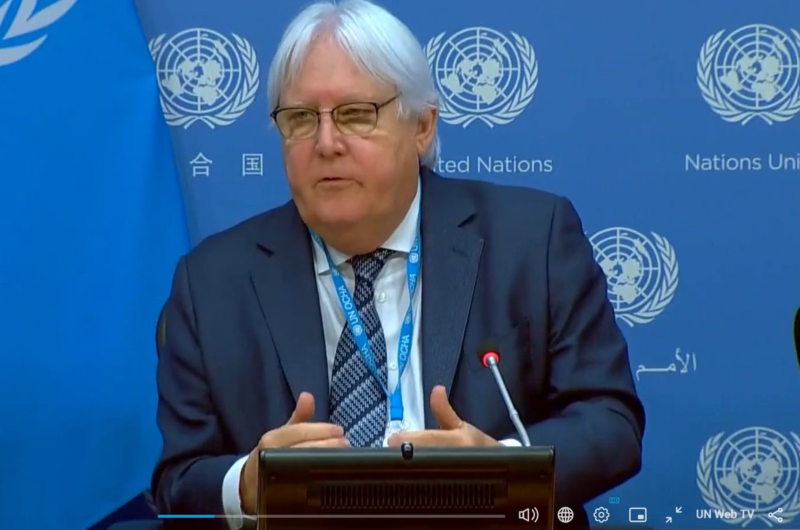 FNs nødhjelpskoordinator på en pressekonferanse torsdag. Skjermdump: UN Media FNs nødhjelpskoordinator på en pressekonferanse torsdag. Skjermdump: UN Media