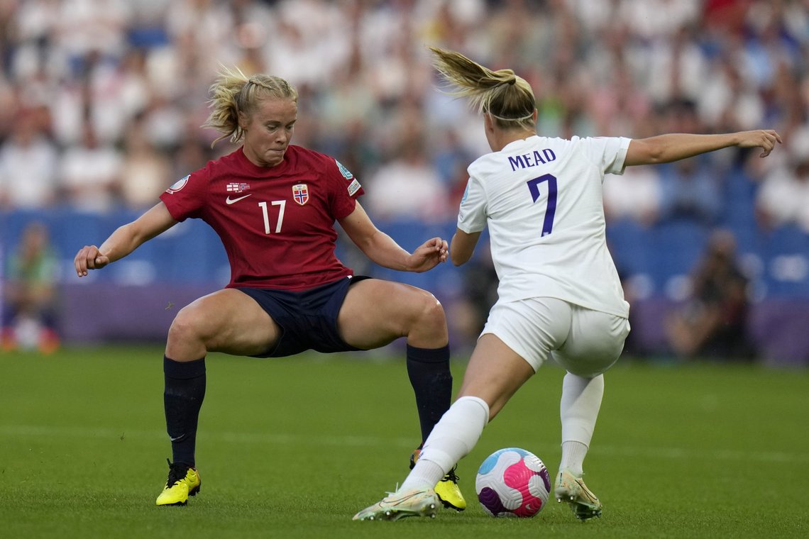 Norway's Julie Blakstad tries to tackle England's Beth Mead, right, during the Women Euro 2022 group A soccer match between England and Norway at Brighton & Hove Community Stadium in Brighton, England, Monday, July 11, 2022. (AP Photo/Alessandra Tarantino) Norway's Julie Blakstad tries to tackle England's Beth Mead, right, during the Women Euro 2022 group A soccer match between England and Norway at Brighton & Hove Community Stadium in Brighton, England, Monday, July 11, 2022. (AP Photo/Alessandra Tarantino)