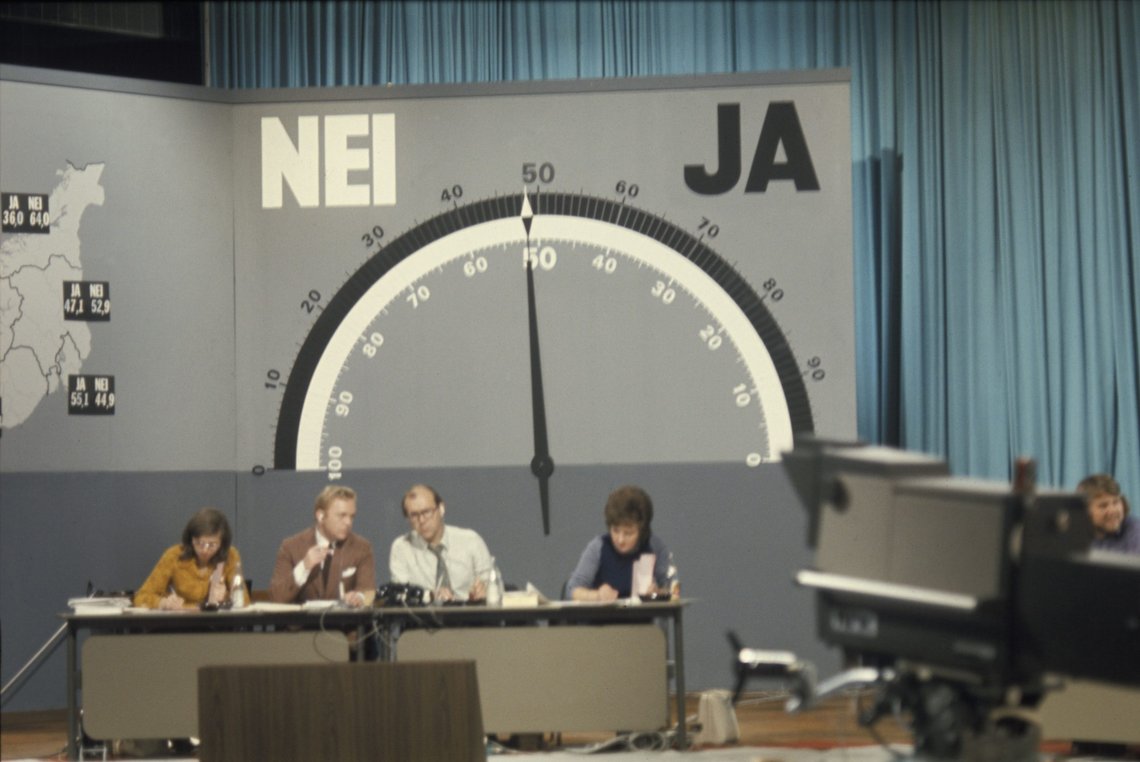 OSLO 19720925: Folkeavstemningen om Medlemskap i det Europeiske Fellesskap, EF : Folkeavstemning om EF. Her fra valgvaken i NRK studio med barometeret som viser hvoran Ja og Nei siden står. Pilen tipper mot flertall for Nei. De endelige tallene ble 53.49 prosent for Nei og 46.51 prosent for Ja. Programlederne i midten er Lars Jacob Krogh (th) og Geir Helljesen.
EEC / EF / EU
Foto: NTB / NTB OSLO 19720925: Folkeavstemningen om Medlemskap i det Europeiske Fellesskap, EF : Folkeavstemning om EF. Her fra valgvaken i NRK studio med barometeret som viser hvoran Ja og Nei siden står. Pilen tipper mot flertall for Nei. De endelige tallene ble 53.49 prosent for Nei og 46.51 prosent for Ja. Programlederne i midten er Lars Jacob Krogh (th) og Geir Helljesen.
EEC / EF / EU
Foto: NTB / NTB