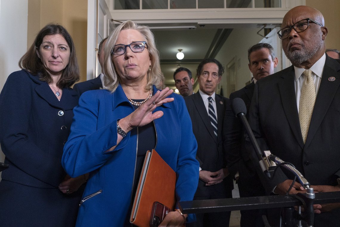 FILE —In this July 27, 2021 file photo Rep. Liz Cheney, R-Wyo., speaks to the media, with from left, Rep. Elaine Luria, D-Va., Cheney, Rep. Pete Aguilar, D-Calif., Rep. Jamie Raskin, D-Md., Rep. Adam Kinzinger, R-Illi., and Chairman Rep. Bennie Thompson, D-Miss., after the first hearing of the House Select committee to investigate the January 6 attack on the U.S. Capitol, on Capitol Hill in Washington. Republican officials in Wyoming's Park and Carbon counties voted unanimously in the past week of Tuesday, Aug. 10, to no longer recognize Cheney as a party member because of her to vote to impeach Donald Trump. (AP Photo/Jacquelyn Martin, File) FILE —In this July 27, 2021 file photo Rep. Liz Cheney, R-Wyo., speaks to the media, with from left, Rep. Elaine Luria, D-Va., Cheney, Rep. Pete Aguilar, D-Calif., Rep. Jamie Raskin, D-Md., Rep. Adam Kinzinger, R-Illi., and Chairman Rep. Bennie Thompson, D-Miss., after the first hearing of the House Select committee to investigate the January 6 attack on the U.S. Capitol, on Capitol Hill in Washington. Republican officials in Wyoming's Park and Carbon counties voted unanimously in the past week of Tuesday, Aug. 10, to no longer recognize Cheney as a party member because of her to vote to impeach Donald Trump. (AP Photo/Jacquelyn Martin, File)