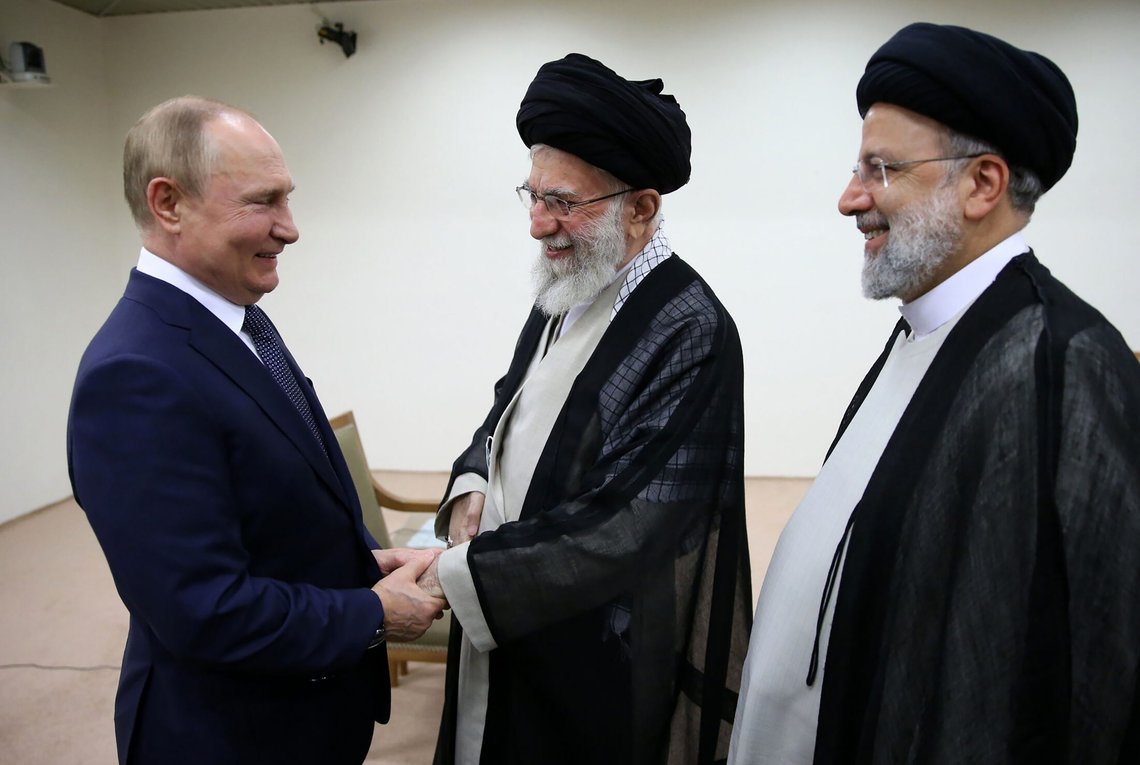 In this picture released by the official website of the office of the Iranian supreme leader, Supreme Leader Ayatollah Ali Khamenei, center, and Russian President Vladimir Putin, left, greet each other as Iranian President Ebrahim Raisi stands at right, during their meeting in Tehran, Iran, Tuesday, July 19, 2022. (Office of the Iranian Supreme Leader via AP) In this picture released by the official website of the office of the Iranian supreme leader, Supreme Leader Ayatollah Ali Khamenei, center, and Russian President Vladimir Putin, left, greet each other as Iranian President Ebrahim Raisi stands at right, during their meeting in Tehran, Iran, Tuesday, July 19, 2022. (Office of the Iranian Supreme Leader via AP)
