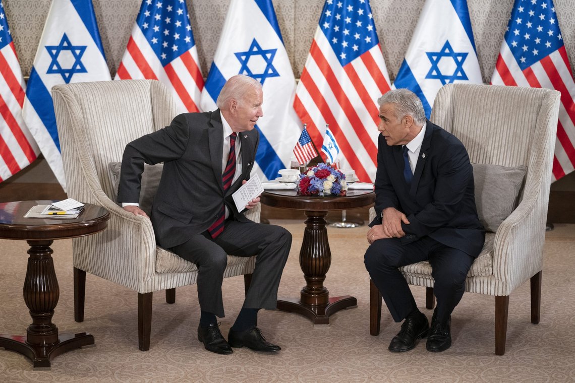 President Joe Biden, left, and Israeli Prime Minister Yair Lapid address the media following their meeting in Jerusalem Thursday, July 14, 2022. (AP Photo/Evan Vucci) President Joe Biden, left, and Israeli Prime Minister Yair Lapid address the media following their meeting in Jerusalem Thursday, July 14, 2022. (AP Photo/Evan Vucci)