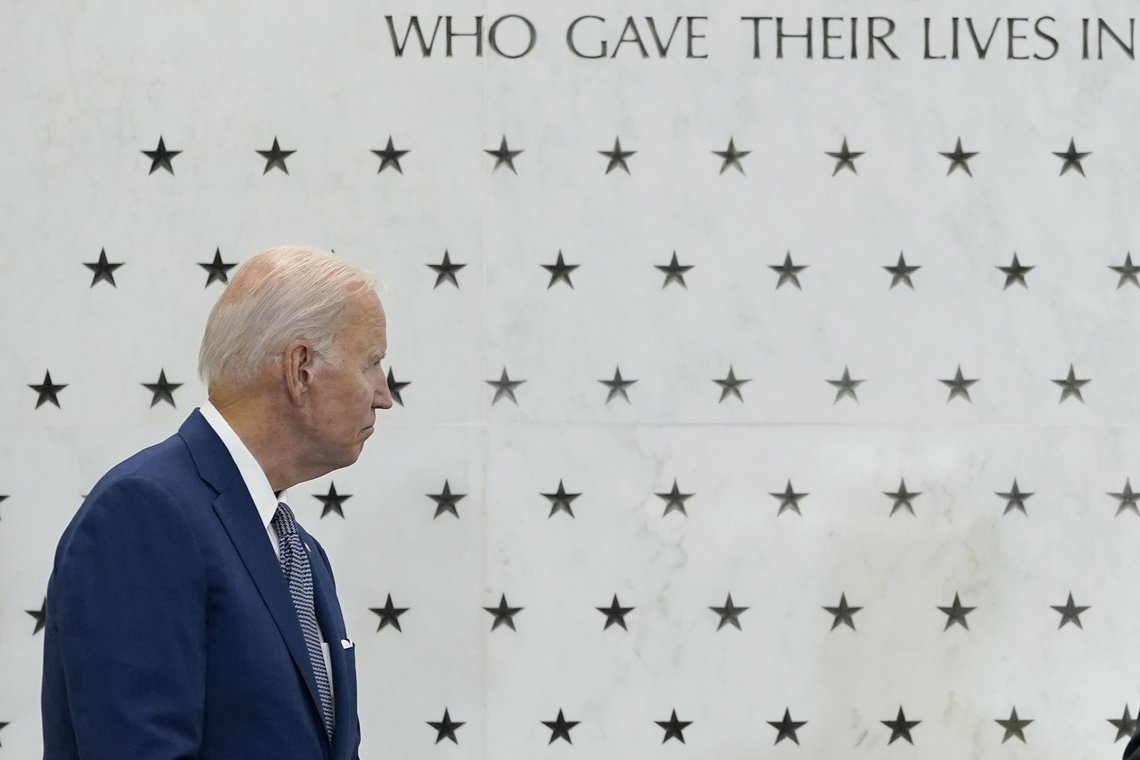 President Joe Biden looks back at the 139 stars on Central Intelligence Agency’s Memorial Wall that represent CIA officers who died in the line of duty as he waits to speak at the CIA headquarters in Langley, Va., Friday, July 8, 2022. Biden thanked the CIA workforce and commemorated the agency's achievements over the 75 years since its founding. (AP Photo/Susan Walsh) President Joe Biden looks back at the 139 stars on Central Intelligence Agency’s Memorial Wall that represent CIA officers who died in the line of duty as he waits to speak at the CIA headquarters in Langley, Va., Friday, July 8, 2022. Biden thanked the CIA workforce and commemorated the agency's achievements over the 75 years since its founding. (AP Photo/Susan Walsh)
