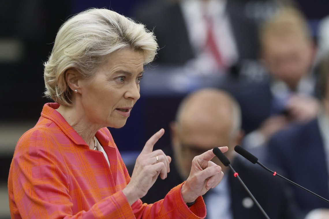 European Commission President Ursula von der Leyen delivers her speech at the European Parliament during the presentation of the program of activities of the Czech Republic's EU presidency, Wednesday, July 6, 2022 in Strasbourg, eastern France. The European Union's Commission chief Ursula von der Leyen said that the 27-nation bloc needs to emergency plans to prepare for a complete cut-off Russia gas in the wake of the Kremlin's war in Ukraine. (AP Photo/Jean-Francois Badias) European Commission President Ursula von der Leyen delivers her speech at the European Parliament during the presentation of the program of activities of the Czech Republic's EU presidency, Wednesday, July 6, 2022 in Strasbourg, eastern France. The European Union's Commission chief Ursula von der Leyen said that the 27-nation bloc needs to emergency plans to prepare for a complete cut-off Russia gas in the wake of the Kremlin's war in Ukraine. (AP Photo/Jean-Francois Badias)