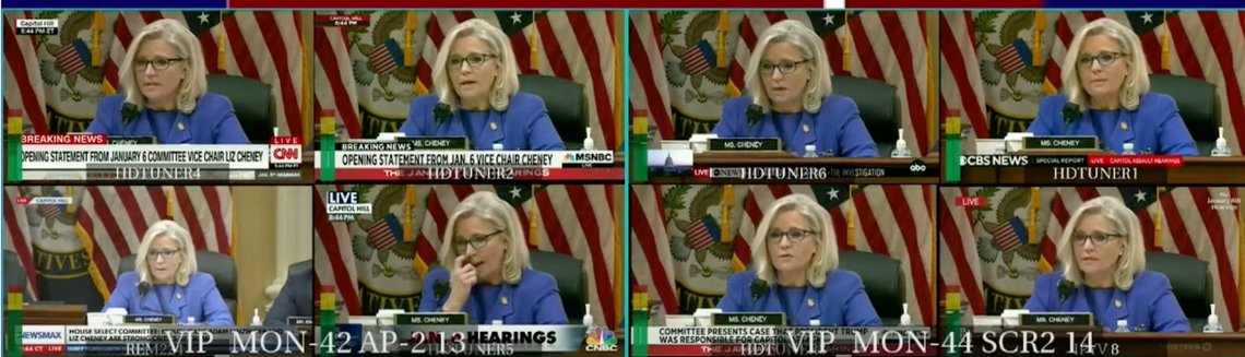 Åtte TV-kanaler viste det samme bildet da Liz Cheney åpnet 6. januar-høringen, som raskt viste seg å være en skueprosess. Mediene går i takt. Åtte TV-kanaler viste det samme bildet da Liz Cheney åpnet 6. januar-høringen, som raskt viste seg å være en skueprosess. Mediene går i takt.