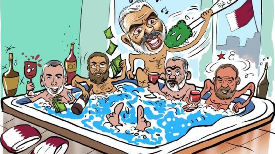 Karikatur av Hamas-ledere som boltrer seg i vin og penger. Karikatur av Hamas-ledere som boltrer seg i vin og penger.