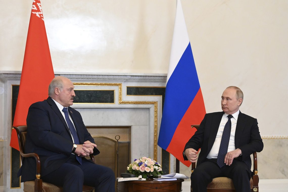 Russian President Vladimir Putin, right, and Belarusian President Alexander Lukashenko talk to each other during their meeting in St. Petersburg, Russia, Saturday, June 25, 2022. (Maxim Blinov, Sputnik, Kremlin Pool Photo via AP) Russian President Vladimir Putin, right, and Belarusian President Alexander Lukashenko talk to each other during their meeting in St. Petersburg, Russia, Saturday, June 25, 2022. (Maxim Blinov, Sputnik, Kremlin Pool Photo via AP)