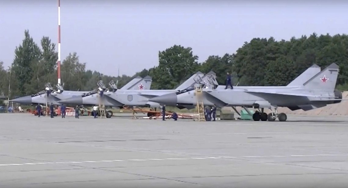 In this handout photo taken from video released by Russian Defense Ministry Press Service on Thursday, Aug. 18, 2022, three MiG-31 fighter jets of the Russian air force stand after lending at the Chkalovsk air base in the Kaliningrad region. The Russian Defense Ministry said three MiG-31 fighters equipped to carry Kinzhal hypersonic missiles were deployed to the region as part of "additional measures of strategic deterrence." (Russian Defense Ministry Press Service photo via AP) In this handout photo taken from video released by Russian Defense Ministry Press Service on Thursday, Aug. 18, 2022, three MiG-31 fighter jets of the Russian air force stand after lending at the Chkalovsk air base in the Kaliningrad region. The Russian Defense Ministry said three MiG-31 fighters equipped to carry Kinzhal hypersonic missiles were deployed to the region as part of "additional measures of strategic deterrence." (Russian Defense Ministry Press Service photo via AP)