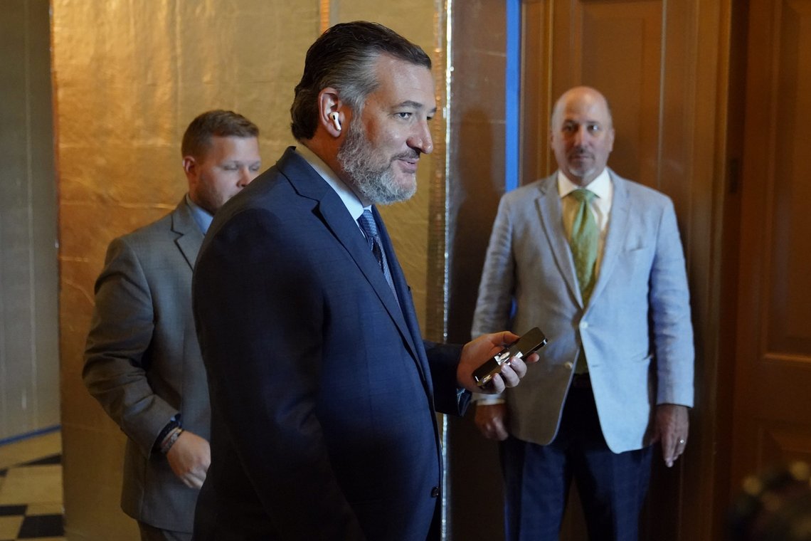 Sen. Ted Cruz, R-Texas, steps out of the Senate Chamber on Capitol Hill in Washington, Saturday, Aug. 6, 2022. (AP Photo/Patrick Semansky) Sen. Ted Cruz, R-Texas, steps out of the Senate Chamber on Capitol Hill in Washington, Saturday, Aug. 6, 2022. (AP Photo/Patrick Semansky)