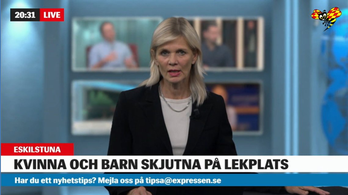 En kvinne og et lite barn er skutt i Eskilstuna. Skjermdump Expressen En kvinne og et lite barn er skutt i Eskilstuna. Skjermdump Expressen