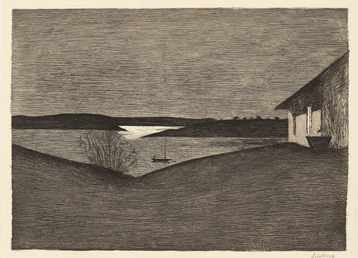 Maaneskinn – Harald Sohlberg, 1869–1935. Radering fra 1912, 28×20 cm, opplag ukjent, diverse eiere, bl.a. undertegnede, pris på loppemarked ca. 2001: 50 kroner. Maaneskinn – Harald Sohlberg, 1869–1935. Radering fra 1912, 28×20 cm, opplag ukjent, diverse eiere, bl.a. undertegnede, pris på loppemarked ca. 2001: 50 kroner.