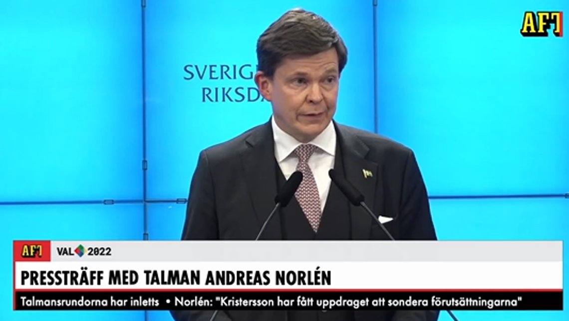 Riksdagens talman Andreas Norlén under mandagens pressekonferanse.
Foto: Skjermdump video Aftonbladet Riksdagens talman Andreas Norlén under mandagens pressekonferanse.
Foto: Skjermdump video Aftonbladet
