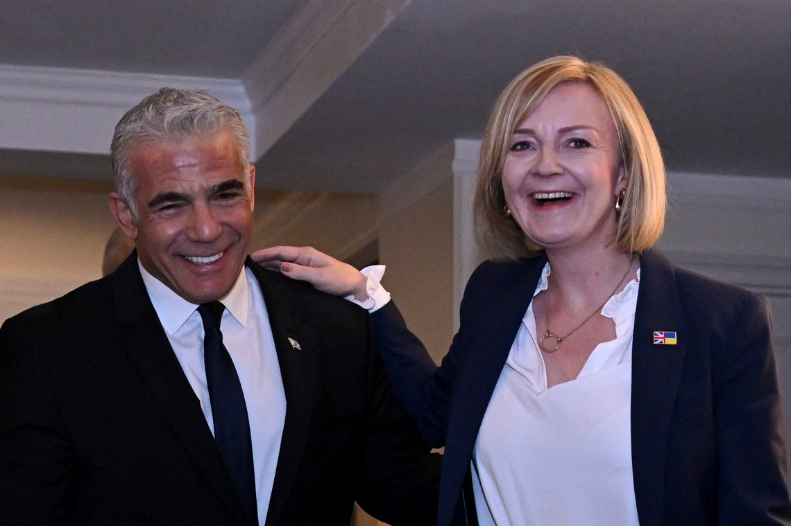 British Prime Minister Liz Truss and Israeli Prime Minister Yair Lapid hold a bilateral meeting as they attend the 77th U.N. General Assembly in New York, Wednesday, Sept. 21, 2022. (Toby Melville/Pool Photo via AP) British Prime Minister Liz Truss and Israeli Prime Minister Yair Lapid hold a bilateral meeting as they attend the 77th U.N. General Assembly in New York, Wednesday, Sept. 21, 2022. (Toby Melville/Pool Photo via AP)