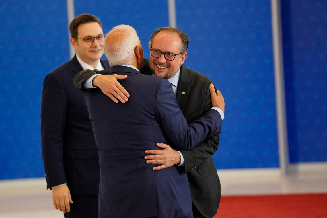 Austria's Foreign Minister Alexander Schallenberg, right, is welcomed by Czech Republic's Foreign Minister Jan Lipavsky, left, and European Union foreign policy chief Josep Borrell, center, as he arrives for a meeting of EU Foreign Ministers at the Prague Congress Center in Prague, Czech Republic, Tuesday, Aug. 30, 2022. (AP Photo/Petr David Josek) Austria's Foreign Minister Alexander Schallenberg, right, is welcomed by Czech Republic's Foreign Minister Jan Lipavsky, left, and European Union foreign policy chief Josep Borrell, center, as he arrives for a meeting of EU Foreign Ministers at the Prague Congress Center in Prague, Czech Republic, Tuesday, Aug. 30, 2022. (AP Photo/Petr David Josek)