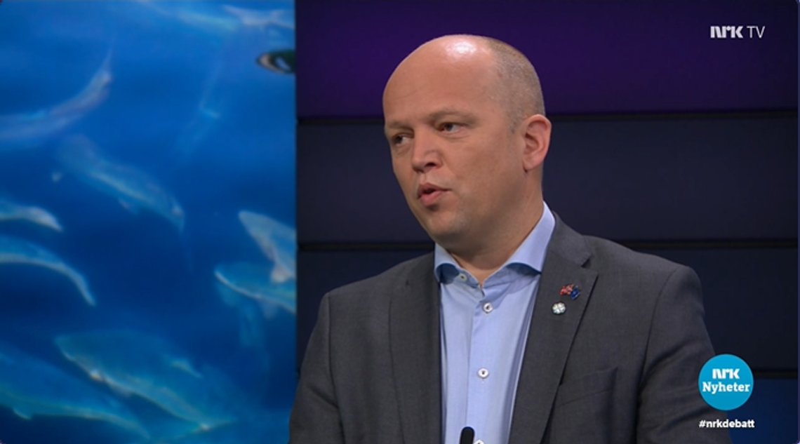 Sp-leder Trygve Slagsvold Vedun på NRK Debatten. Skjermdump NRK Sp-leder Trygve Slagsvold Vedun på NRK Debatten. Skjermdump NRK