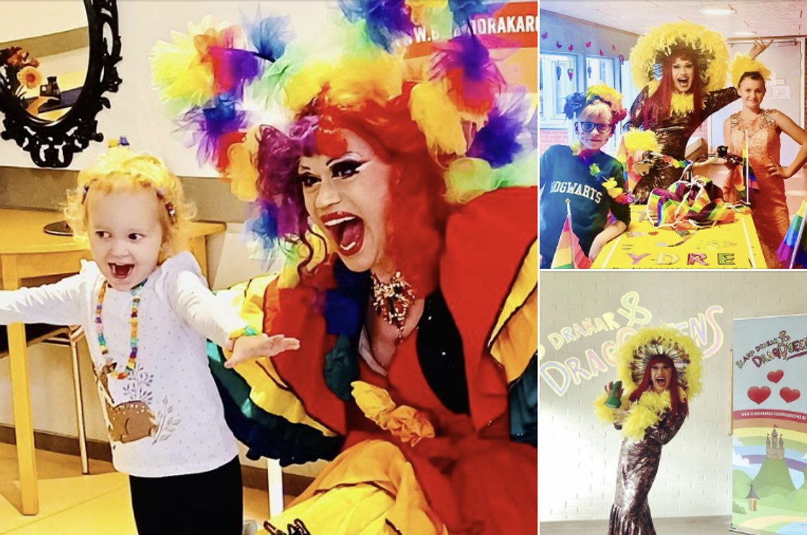 Barn under to år kan høre på «normkreative eventyr» fortalt av transvestitter. Her holder «Inga Tvivel» fortellerstund under Ydre Pride 16. oktober i år. Skjermdump: Facebook Barn under to år kan høre på «normkreative eventyr» fortalt av transvestitter. Her holder «Inga Tvivel» fortellerstund under Ydre Pride 16. oktober i år. Skjermdump: Facebook