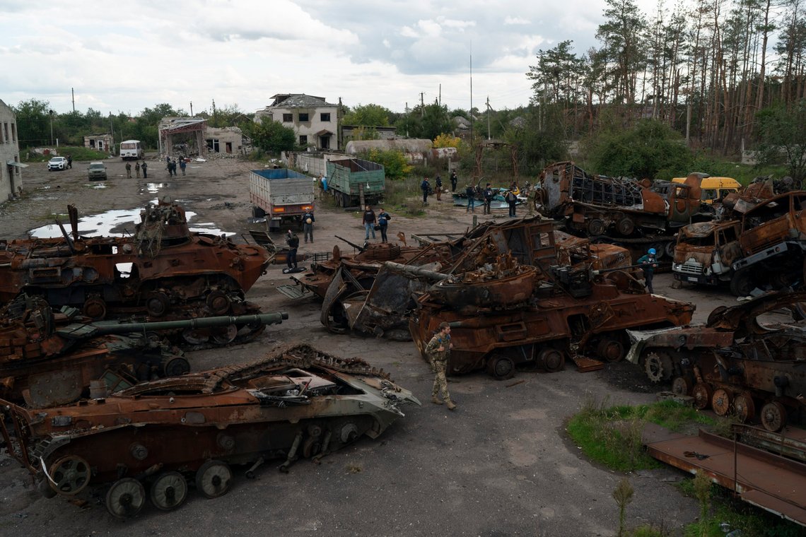 A Ukrainian serviceman and journalists walk between destroyed Russian equipment placed in an area at the recaptured town of Lyman, Ukraine, Wednesday, Oct. 5, 2022. (AP Photo/Leo Correa) A Ukrainian serviceman and journalists walk between destroyed Russian equipment placed in an area at the recaptured town of Lyman, Ukraine, Wednesday, Oct. 5, 2022. (AP Photo/Leo Correa)