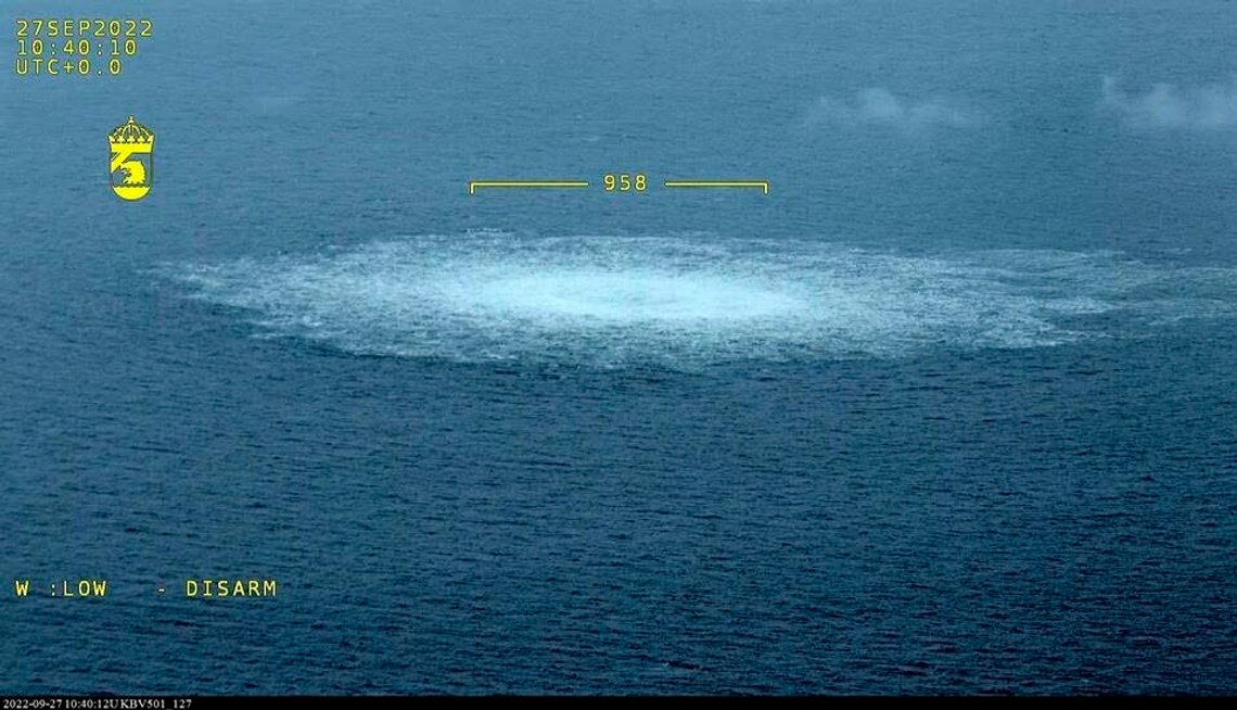 In this picture provided by Swedish Coast Guard, the gas leak in the Baltic Sea from Nord Stream photographed from the Coast Guard's aircraft on Wednesday, Sept. 27, 2022. A fourth leak on the Nord Stream pipelines has been reported off southern Sweden. Earlier, three leaks had been reported on the two underwater pipelines running from Russia to Germany. (Swedish Coast Guard via AP) In this picture provided by Swedish Coast Guard, the gas leak in the Baltic Sea from Nord Stream photographed from the Coast Guard's aircraft on Wednesday, Sept. 27, 2022. A fourth leak on the Nord Stream pipelines has been reported off southern Sweden. Earlier, three leaks had been reported on the two underwater pipelines running from Russia to Germany. (Swedish Coast Guard via AP)
