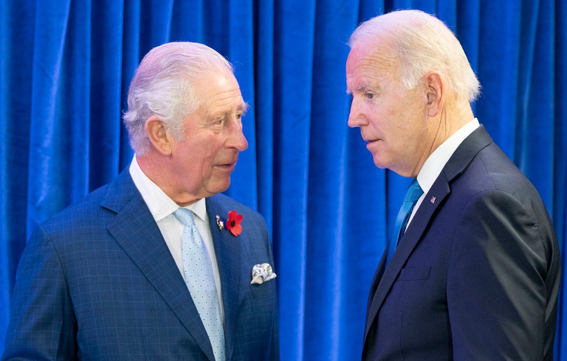 FILE - Britain's Prince Charles, left, greets the President of the United States Joe Biden ahead of their bilateral meeting during the Cop26 summit at the Scottish Event Campus (SEC) in Glasgow, Scotland, Nov. 2, 2021. Charles and Biden discussed global cooperation on the climate crisis last year while both attended a summit in Glasgow, Scotland. (Jane Barlow/Pool Photo via AP, File) FILE - Britain's Prince Charles, left, greets the President of the United States Joe Biden ahead of their bilateral meeting during the Cop26 summit at the Scottish Event Campus (SEC) in Glasgow, Scotland, Nov. 2, 2021. Charles and Biden discussed global cooperation on the climate crisis last year while both attended a summit in Glasgow, Scotland. (Jane Barlow/Pool Photo via AP, File)