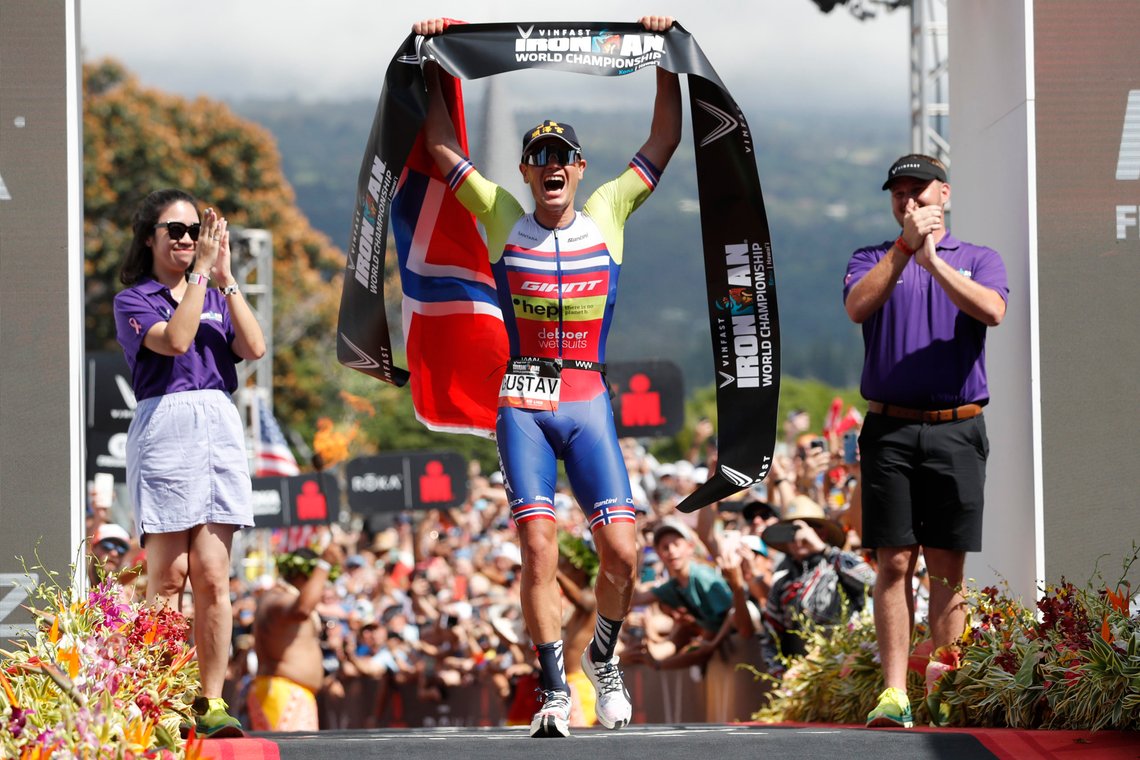 Gustav Iden, of Norway, reacts after winning the Ironman World Championship Triathlon on Saturday, Oct. 8, 2022, in Kailua-Kona, Hawaii. (AP Photo/Marco Garcia) Gustav Iden, of Norway, reacts after winning the Ironman World Championship Triathlon on Saturday, Oct. 8, 2022, in Kailua-Kona, Hawaii. (AP Photo/Marco Garcia)