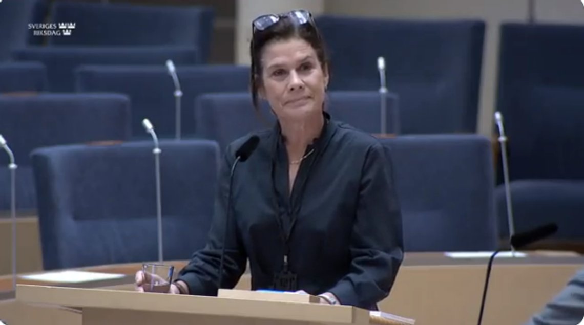 Elsa Widding (SD) slet med å holde seg alvorlig i Riiksdagen. Skjermdump Twitter Elsa Widding (SD) slet med å holde seg alvorlig i Riiksdagen. Skjermdump Twitter