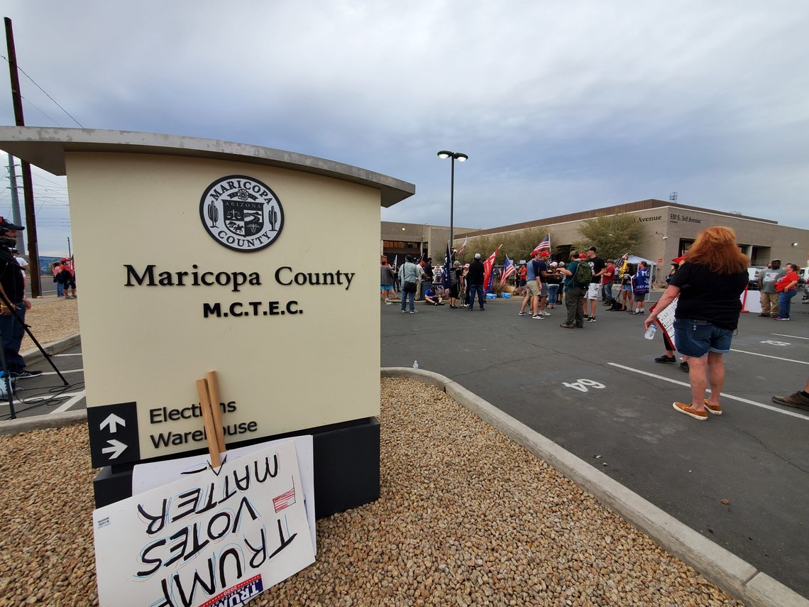 November 6, 2020 - Phoenix, AZ / USA: Trump supporters rally outside of the Maricopa County Tabulation and Election Center (MCTEC) to voice concerns about every vote being counted. Photo: Shutterstock, Jessica Kirsh November 6, 2020 - Phoenix, AZ / USA: Trump supporters rally outside of the Maricopa County Tabulation and Election Center (MCTEC) to voice concerns about every vote being counted. Photo: Shutterstock, Jessica Kirsh