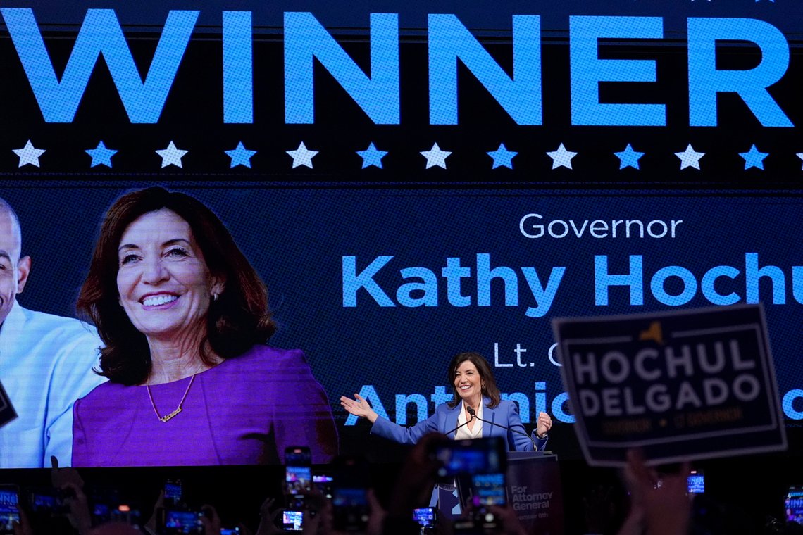 New York Gov. Kathy Hochul smiles as she arrives on stage during her election night party, Tuesday, Nov. 8, 2022, in New York. (AP Photo/Mary Altaffer) New York Gov. Kathy Hochul smiles as she arrives on stage during her election night party, Tuesday, Nov. 8, 2022, in New York. (AP Photo/Mary Altaffer)