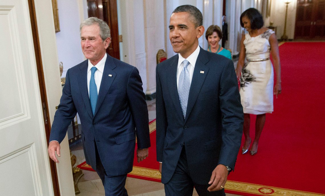 FILE - President Barack Obama and former President George W. Bush, followed by first lady Michelle Obama and former first lady Laura Bush, arrive in the East Room of the White House in Washington, Thursday, May 31,2012, for the unveiling of the Bush's portraits. Former President Barack Obama's presidential portrait will be unveiled at the White House in a Sept. 7, 2022, ceremony hosted by President Joe Biden. (AP Photo/Pablo Martinez Monsivais, File) FILE - President Barack Obama and former President George W. Bush, followed by first lady Michelle Obama and former first lady Laura Bush, arrive in the East Room of the White House in Washington, Thursday, May 31,2012, for the unveiling of the Bush's portraits. Former President Barack Obama's presidential portrait will be unveiled at the White House in a Sept. 7, 2022, ceremony hosted by President Joe Biden. (AP Photo/Pablo Martinez Monsivais, File)