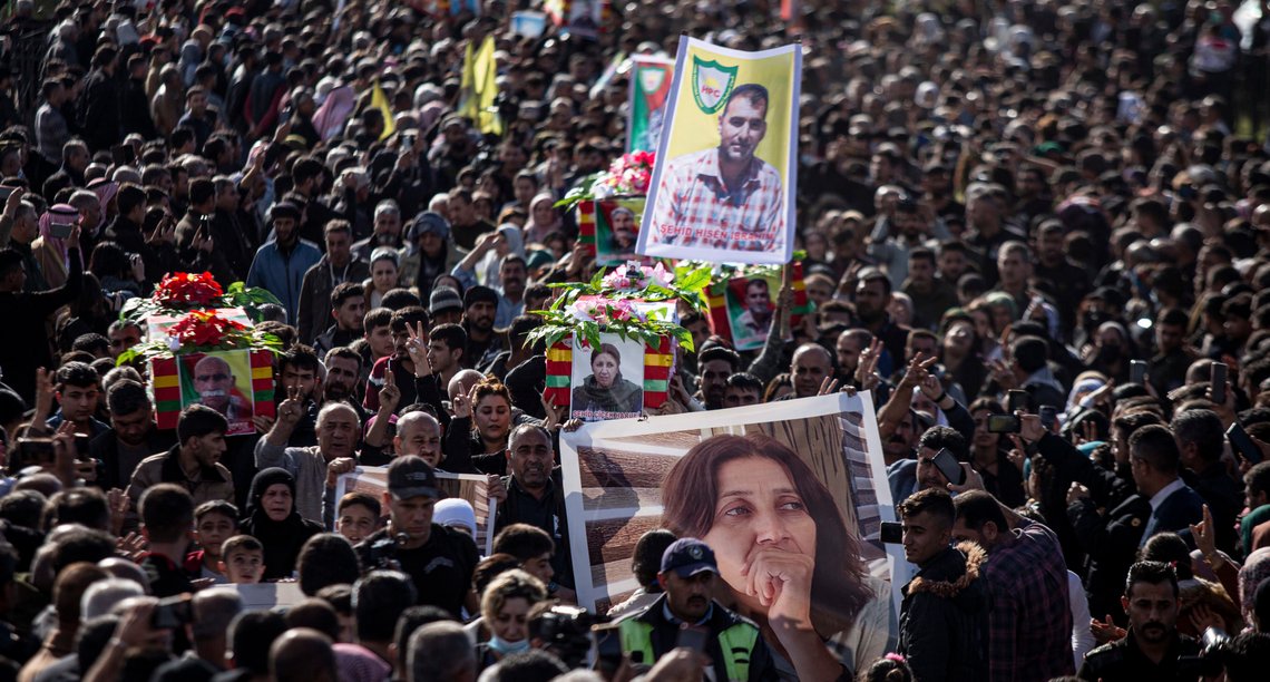 Syrian Kurds attend a funeral of people killed in Turkish airstrikes in the village of Al Malikiyah , northern Syria, Monday, Nov. 21, 2022. The airstrikes, which Turkey said were aimed at Kurdish militants whom Ankara blamed for a deadly Nov. 13 bombing in Istanbul, also struck several Syrian army positions in three different provinces along the border with Turkey. (AP Photo/Baderkhan Ahmad) Syrian Kurds attend a funeral of people killed in Turkish airstrikes in the village of Al Malikiyah , northern Syria, Monday, Nov. 21, 2022. The airstrikes, which Turkey said were aimed at Kurdish militants whom Ankara blamed for a deadly Nov. 13 bombing in Istanbul, also struck several Syrian army positions in three different provinces along the border with Turkey. (AP Photo/Baderkhan Ahmad)