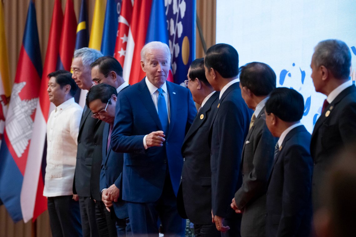 President Joe Biden, center, stands with, from left, Philippines President Ferdinand Marcos Jr., Singapore's Prime Minister Lee Hsien Loong, Thailand Prime Minister Prayuth Chan-ocha, Vietnam's Prime Minister Pham Minh Chinh, Cambodia's Prime Minister Hun Sen, Indonesia's President Joko Widodo, Sultan of Brunei Haji Hassanal Bolkiah, Laos Prime Minister Phankham Viphavan and Malaysia's Special Representative to the Prime Minister Azhar Azizan Harun for the family photo of the Association of Southeast Asian Nations (ASEAN) summit, Saturday, Nov. 12, 2022, in Phnom Penh, Cambodia. (AP Photo/Alex Brandon) President Joe Biden, center, stands with, from left, Philippines President Ferdinand Marcos Jr., Singapore's Prime Minister Lee Hsien Loong, Thailand Prime Minister Prayuth Chan-ocha, Vietnam's Prime Minister Pham Minh Chinh, Cambodia's Prime Minister Hun Sen, Indonesia's President Joko Widodo, Sultan of Brunei Haji Hassanal Bolkiah, Laos Prime Minister Phankham Viphavan and Malaysia's Special Representative to the Prime Minister Azhar Azizan Harun for the family photo of the Association of Southeast Asian Nations (ASEAN) summit, Saturday, Nov. 12, 2022, in Phnom Penh, Cambodia. (AP Photo/Alex Brandon)