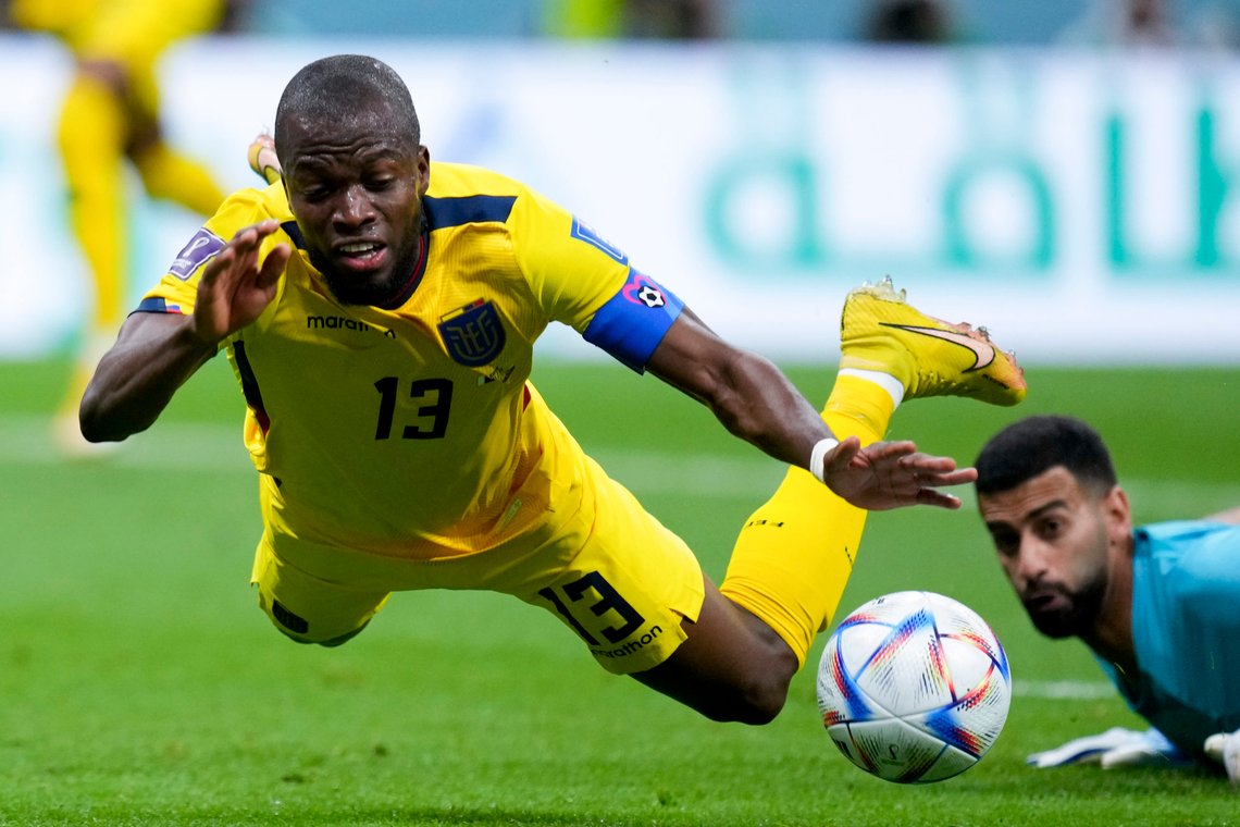 Ecuador's Enner Valencia falls, fouled by Qatar's goalkeeper Saad Al Sheeb, during a World Cup group A soccer match at the Al Bayt Stadium in Al Khor , Qatar, Sunday, Nov. 20, 2022. (AP Photo/Manu Fernandez) Ecuador's Enner Valencia falls, fouled by Qatar's goalkeeper Saad Al Sheeb, during a World Cup group A soccer match at the Al Bayt Stadium in Al Khor , Qatar, Sunday, Nov. 20, 2022. (AP Photo/Manu Fernandez)
