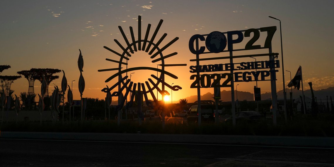 The sun sets behind the COP27 logo outside the venue of the COP27 U.N. Climate Summit, Saturday, Nov. 12, 2022, in Sharm el-Sheikh, Egypt. (AP Photo/Peter Dejong) The sun sets behind the COP27 logo outside the venue of the COP27 U.N. Climate Summit, Saturday, Nov. 12, 2022, in Sharm el-Sheikh, Egypt. (AP Photo/Peter Dejong)