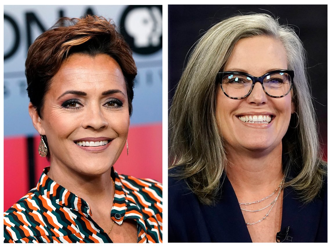 In this combination of photos Republican candidate for Arizona governor Kari Lake, left, appears before a PBS televised debate on Wednesday, June 29, 2022, in Phoenix and Democratic challenger Katie Hobbs smiles prior to a televised interview in Phoenix, Tuesday, Oct. 18, 2022. (AP Photo/Ross D. Franklin) In this combination of photos Republican candidate for Arizona governor Kari Lake, left, appears before a PBS televised debate on Wednesday, June 29, 2022, in Phoenix and Democratic challenger Katie Hobbs smiles prior to a televised interview in Phoenix, Tuesday, Oct. 18, 2022. (AP Photo/Ross D. Franklin)