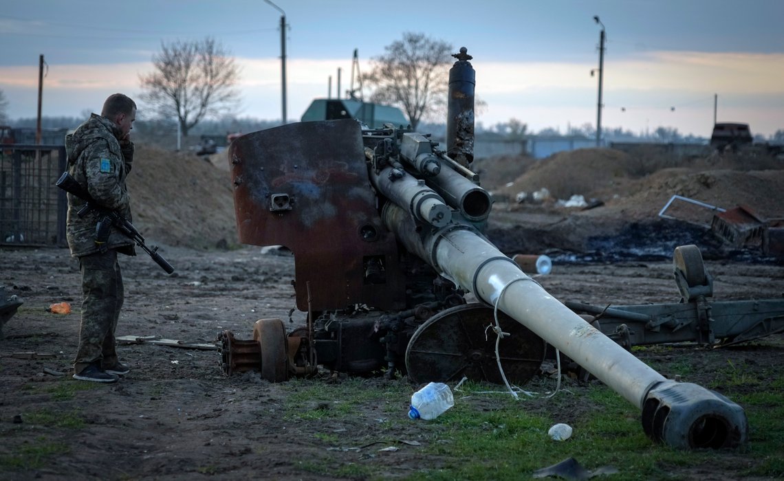 A Ukrainian soldier inspects a damaged Russian cannon in the recently retaken village Chornobaivka near Kherson, Ukraine, Tuesday, Nov. 15, 2022. (AP Photo/Efrem Lukatsky) A Ukrainian soldier inspects a damaged Russian cannon in the recently retaken village Chornobaivka near Kherson, Ukraine, Tuesday, Nov. 15, 2022. (AP Photo/Efrem Lukatsky)