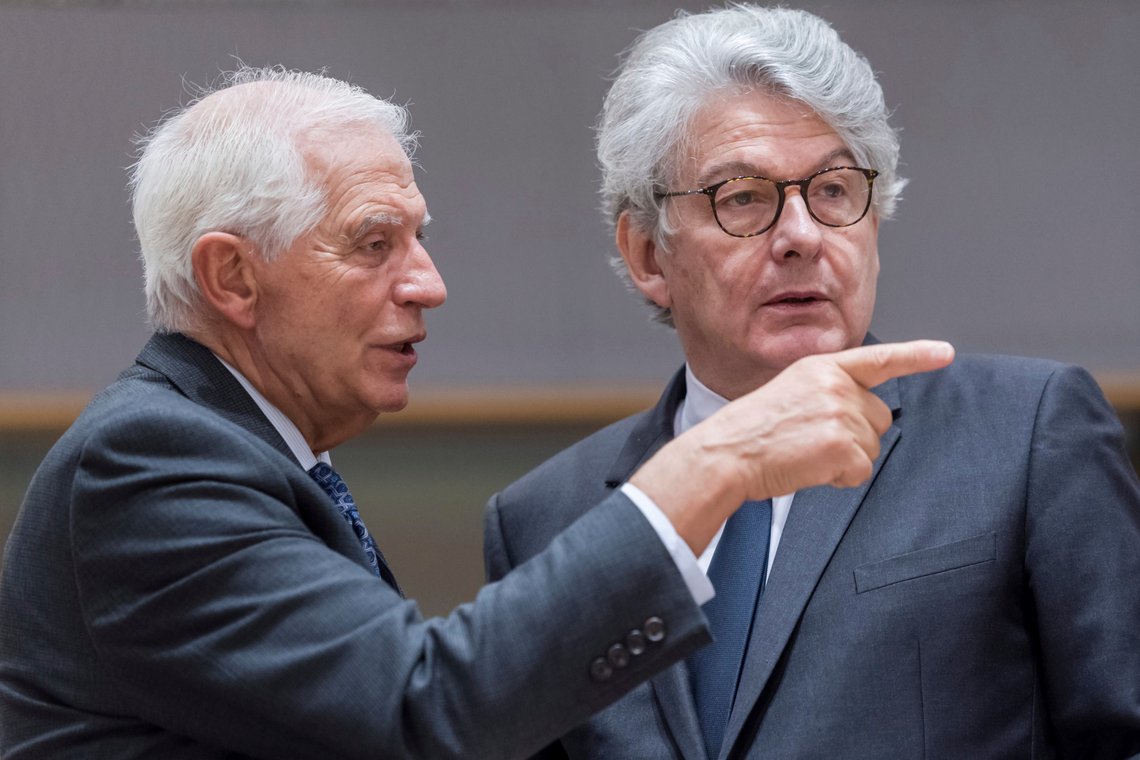 European Union foreign policy chief Josep Borrell, left, talks with European Commissioner for Internal Market Thierry Breton during a meeting of EU defense ministers at the EU Council building in Brussels, Tuesday, Nov. 15, 2022. EU defense ministers will exchange views on bridging the gap between defense capabilities and operational realities. (AP Photo/Geert Vanden Wijngaert) European Union foreign policy chief Josep Borrell, left, talks with European Commissioner for Internal Market Thierry Breton during a meeting of EU defense ministers at the EU Council building in Brussels, Tuesday, Nov. 15, 2022. EU defense ministers will exchange views on bridging the gap between defense capabilities and operational realities. (AP Photo/Geert Vanden Wijngaert)