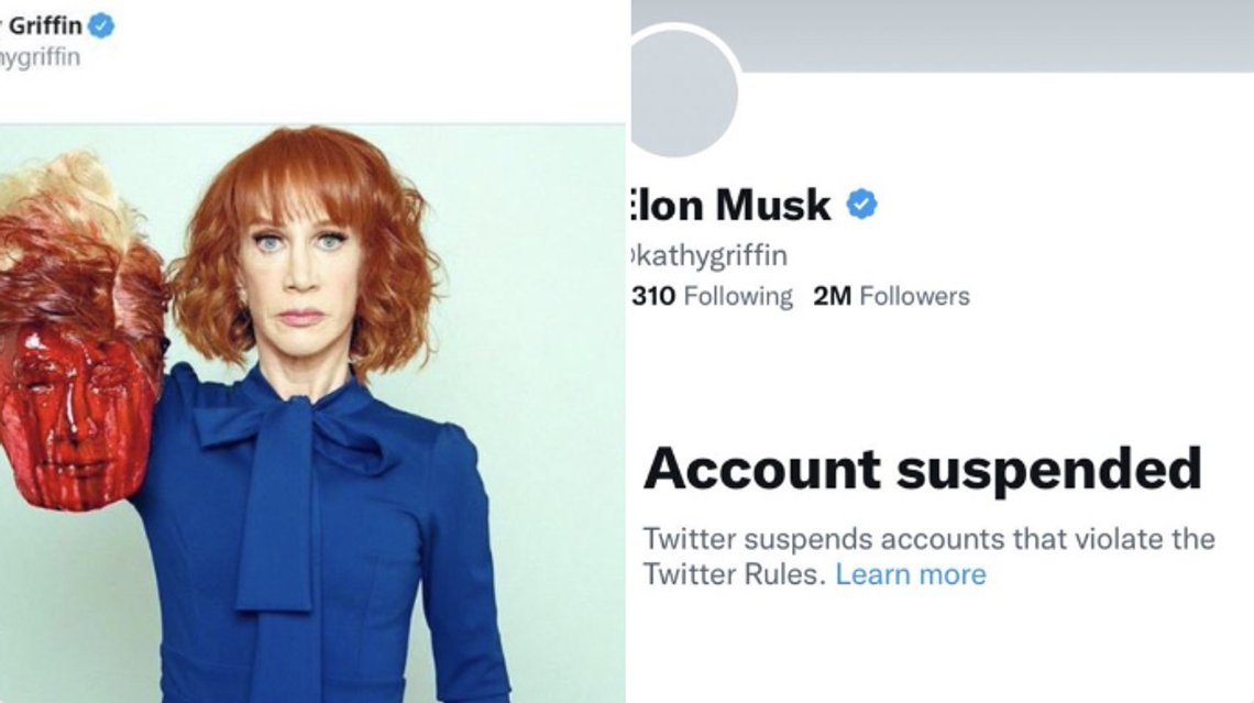 Kathy Griffin har mistet sin Twitter-konto, etter å ha latt som hun var Elon Musk. Skjermdump: Twitter Kathy Griffin har mistet sin Twitter-konto, etter å ha latt som hun var Elon Musk. Skjermdump: Twitter