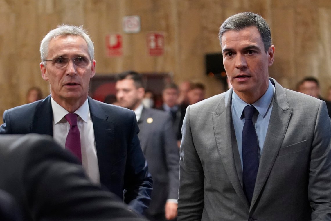 NATO Secretary General Jens Stoltenberg, left, walks with Spain's Prime Minister Pedro Sanchez during the 68th Annual Session of the NATO Parliamentary Assembly in Madrid, Spain, Monday, Nov. 21, 2022. (AP Photo/Andrea Comas) NATO Secretary General Jens Stoltenberg, left, walks with Spain's Prime Minister Pedro Sanchez during the 68th Annual Session of the NATO Parliamentary Assembly in Madrid, Spain, Monday, Nov. 21, 2022. (AP Photo/Andrea Comas)