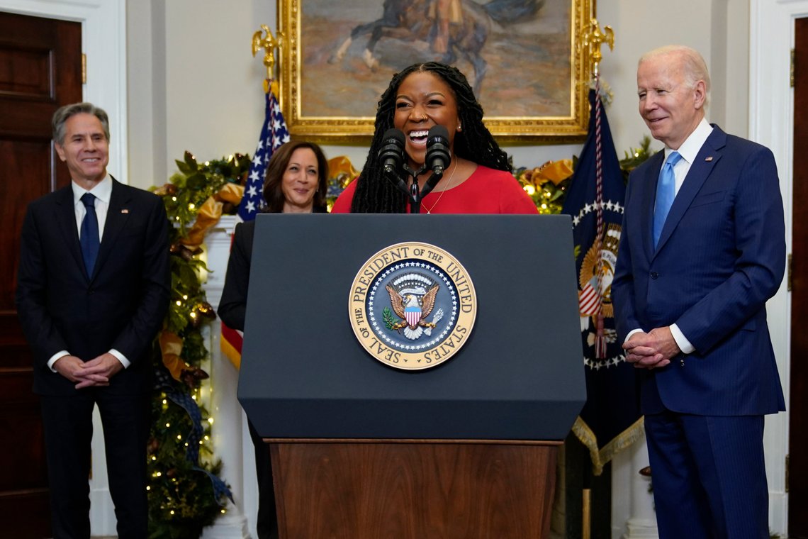 Cherelle Griner, wife of WNBA star Brittney Griner, speaks after President Joe Biden announced Brittney Griner's release in a prisoner swap with Russia, Thursday, Dec. 8, 2022, in the Roosevelt Room of the White House in Washington. Also attending are Secretary of State Antony Blinken, left, and Vice President Kamala Harris. (AP Photo/Patrick Semansky) Cherelle Griner, wife of WNBA star Brittney Griner, speaks after President Joe Biden announced Brittney Griner's release in a prisoner swap with Russia, Thursday, Dec. 8, 2022, in the Roosevelt Room of the White House in Washington. Also attending are Secretary of State Antony Blinken, left, and Vice President Kamala Harris. (AP Photo/Patrick Semansky)